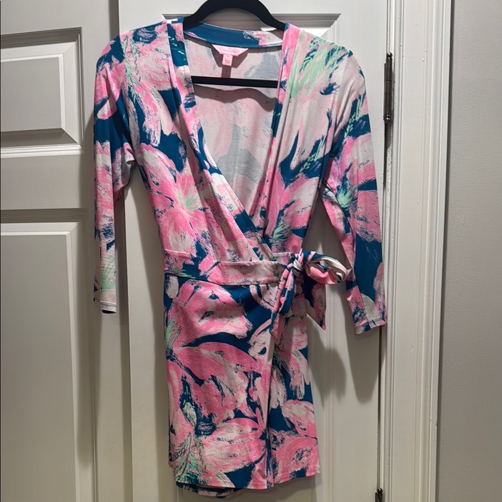 Lilly Pulitzer Karlie Floral Wrap Romper - Pink and Blue.  Size XS